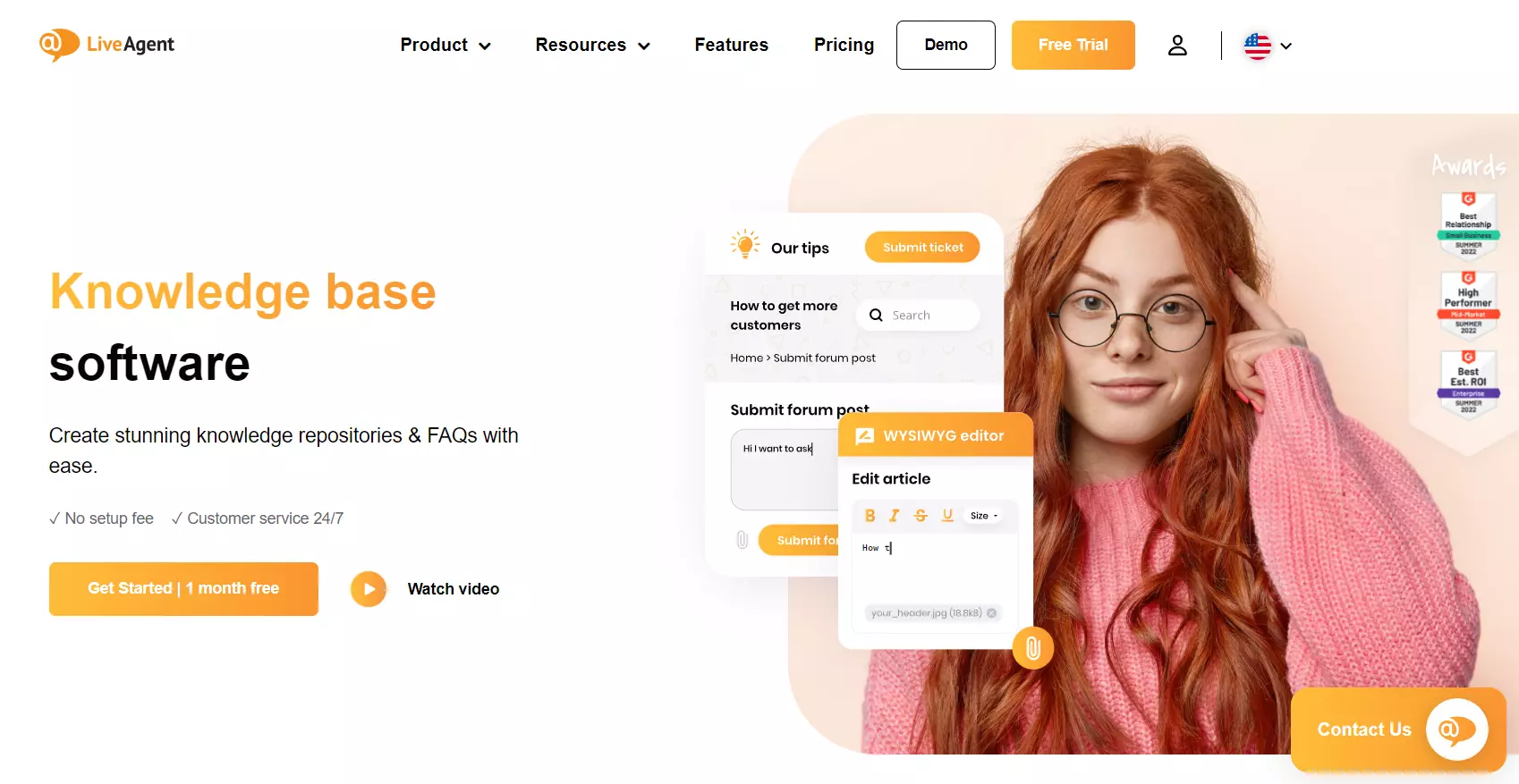 LiveAgents engasjerende hjemmeside som fremhever verktøyet for kunnskapsbase
