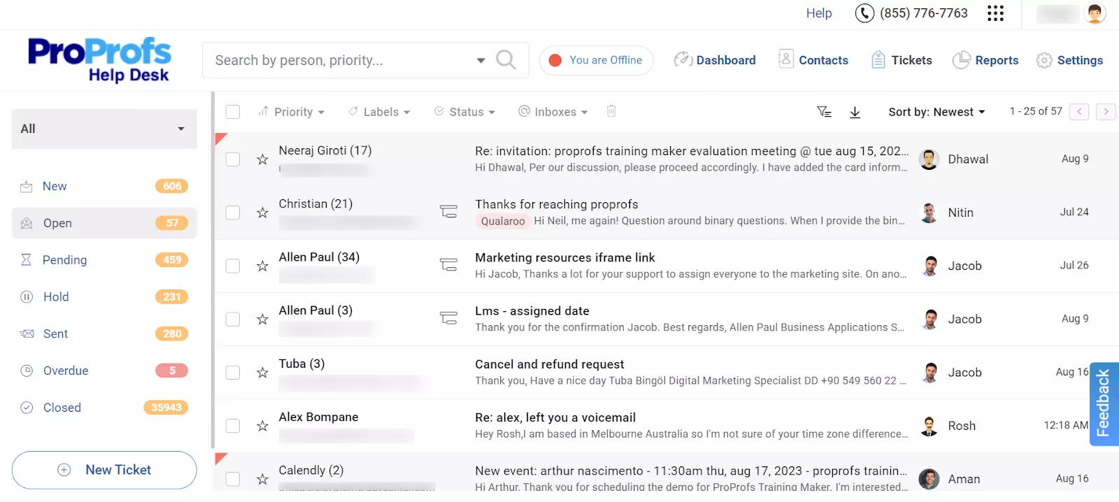 ProProfs Help Desk åpne billetter oversikt