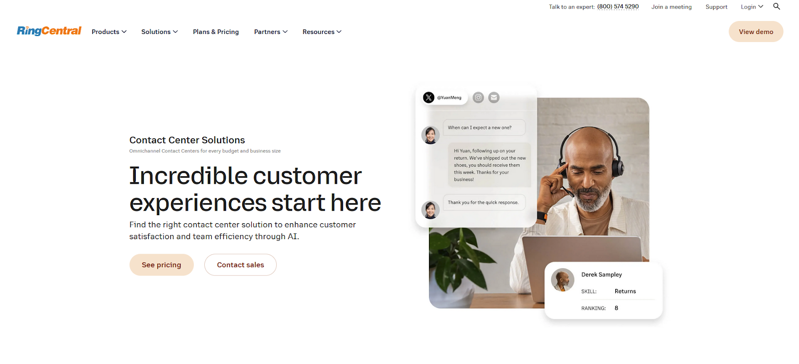 RingCentral Contact Center-programvare hjemmeside