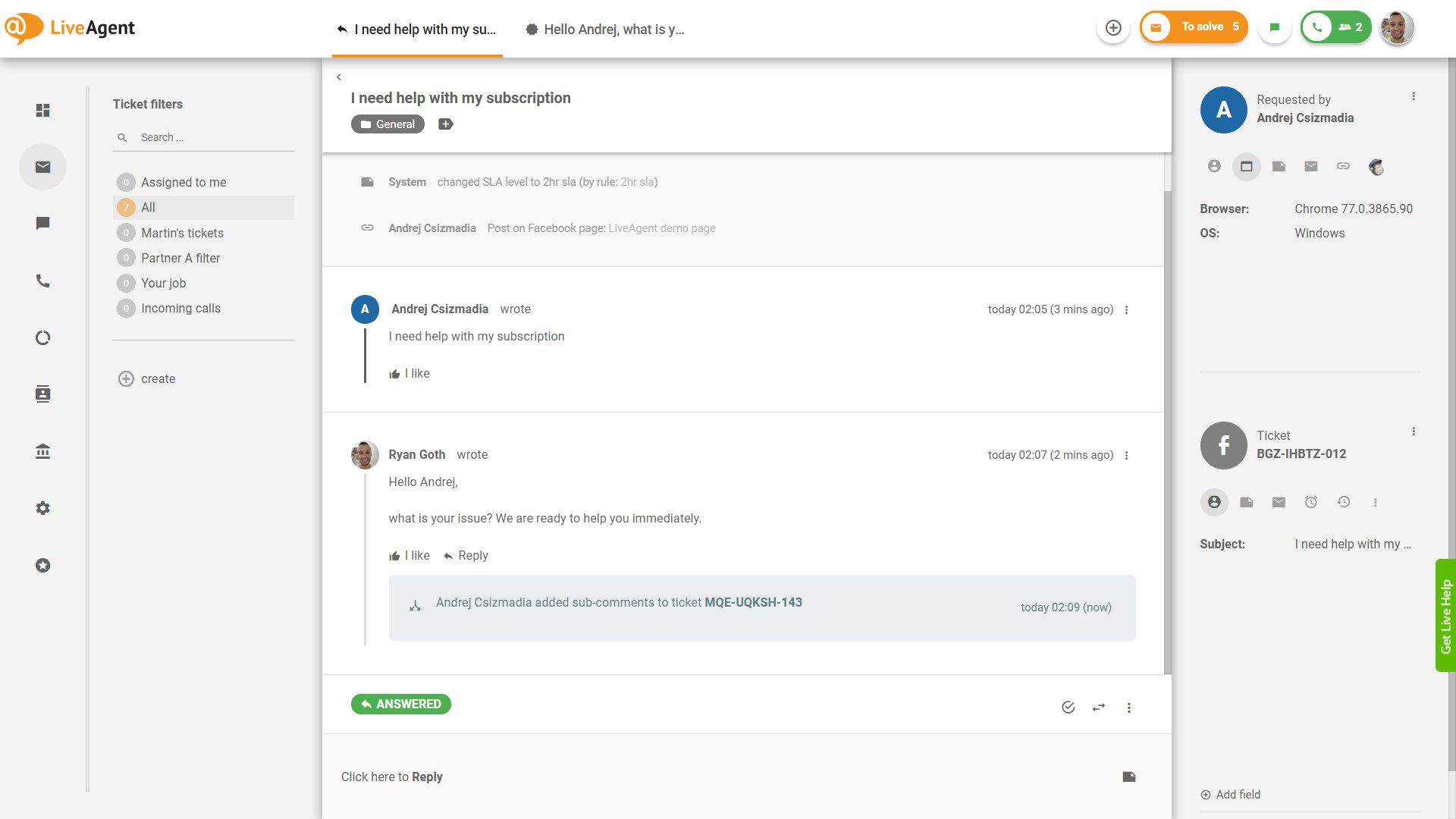 Facebook ticket inside LiveAgent