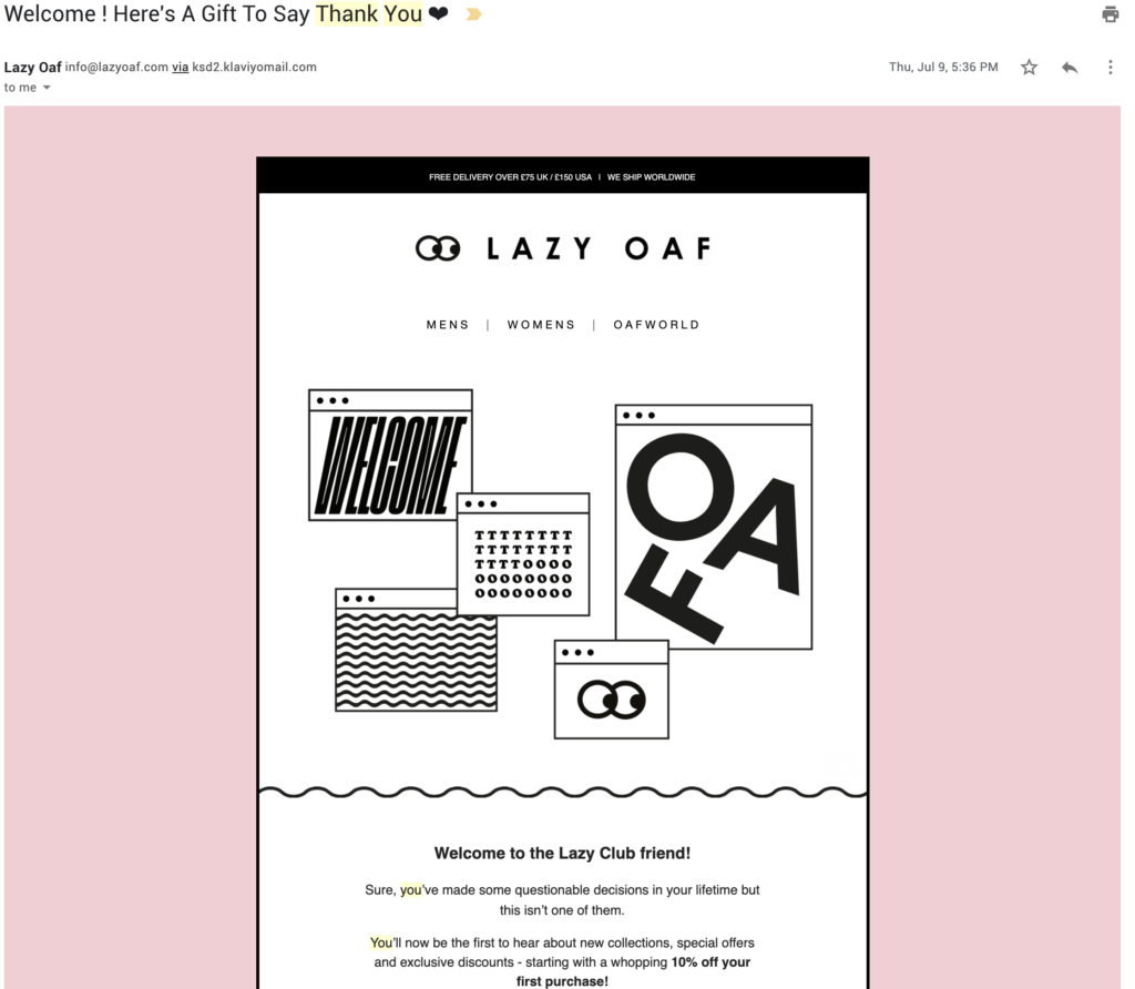 Lazy Oaf kundeappresieringse-postmal