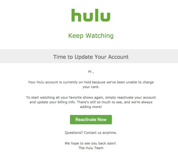 Hulu dunning e-post eksempel