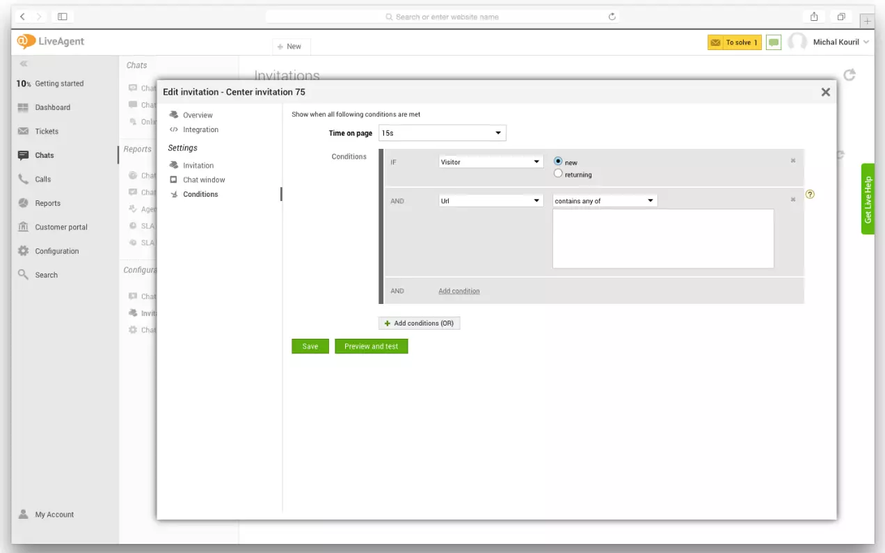 LiveAgent-innstillinger som viser hvordan du setter proaktive chat-utløsere