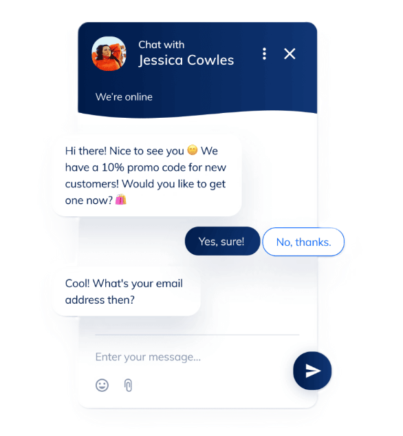 Live chat-grensesnitt tilbyr en kampanjekode og ber om brukerens e-post