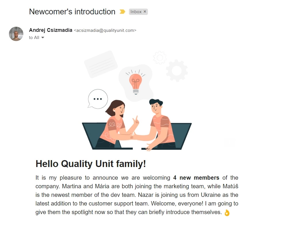 Quality Unit introduksjonsemail for nyankomne