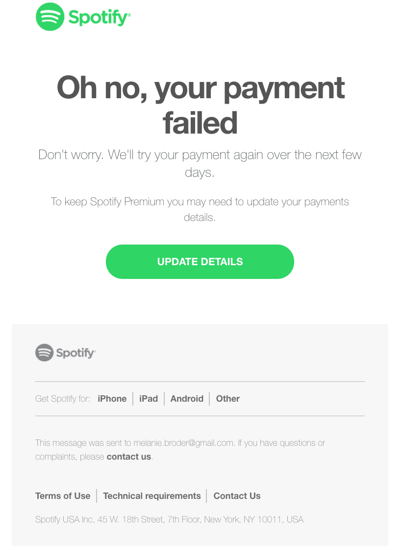 Spotify dunning e-post eksempel