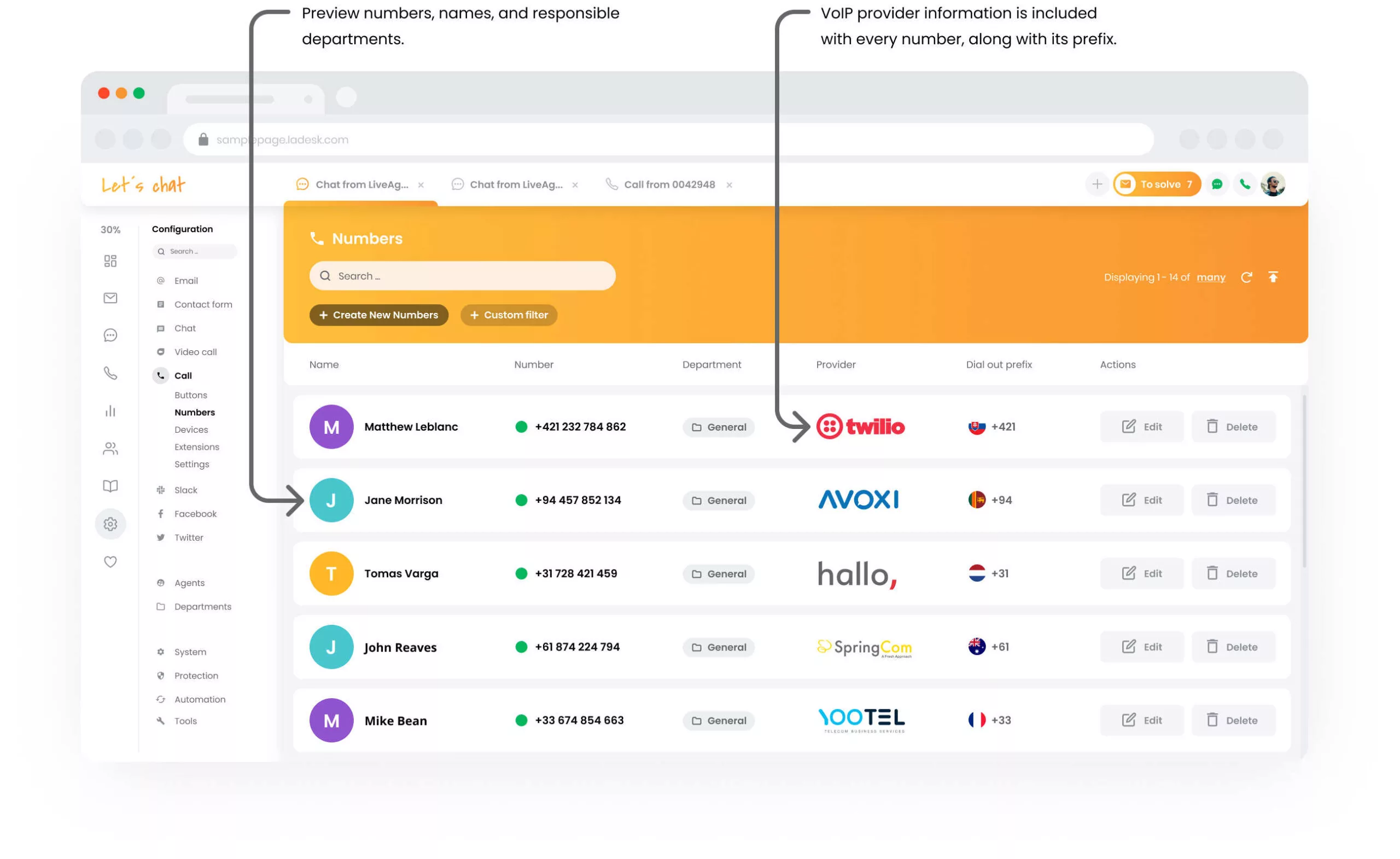 LiveAgent samtalecenter numre oppsett