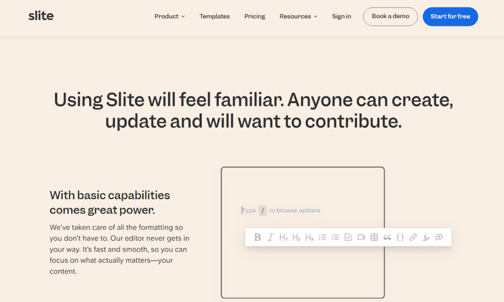 Slite kunnskapsbase-hjemmeside