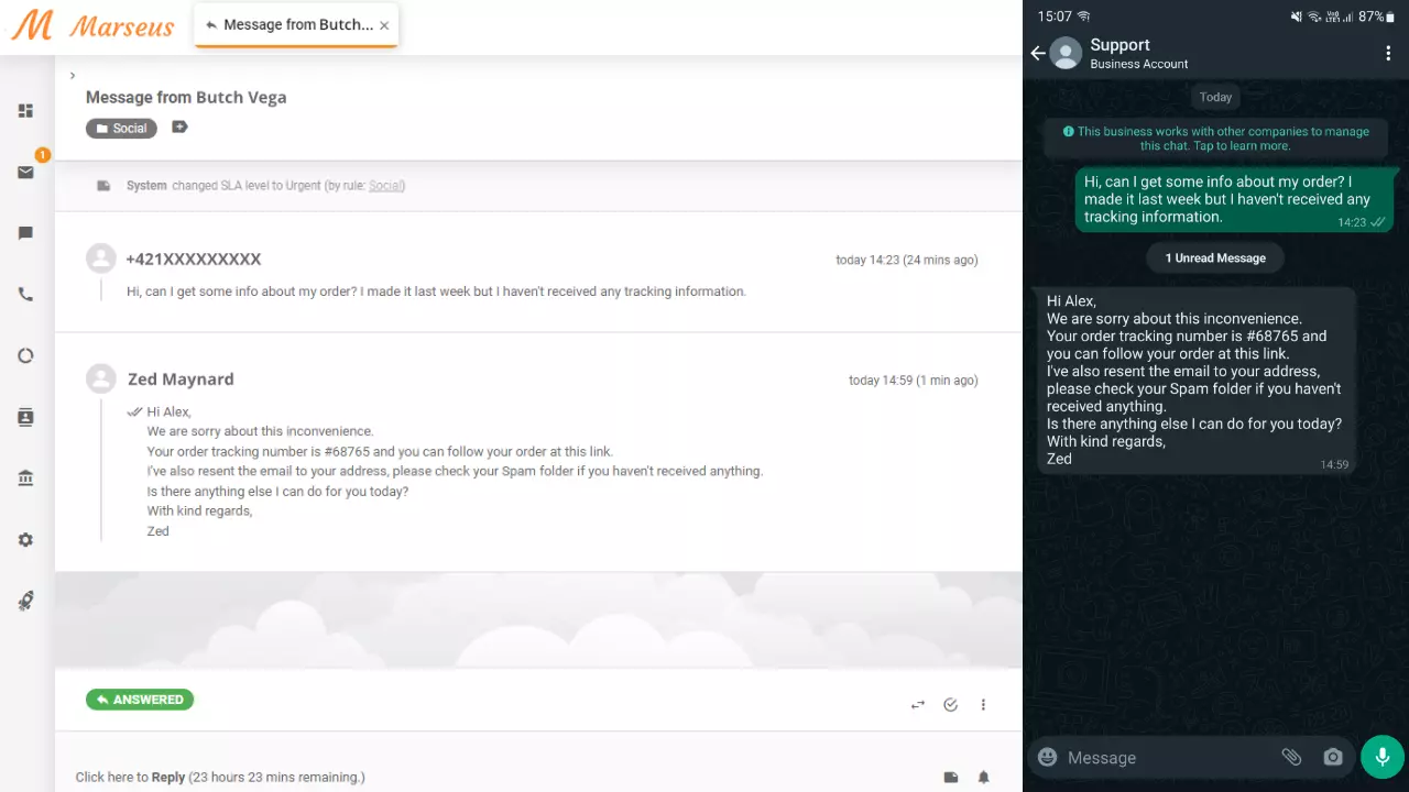 WhatsApp-melding vist som en billett i LiveAgent