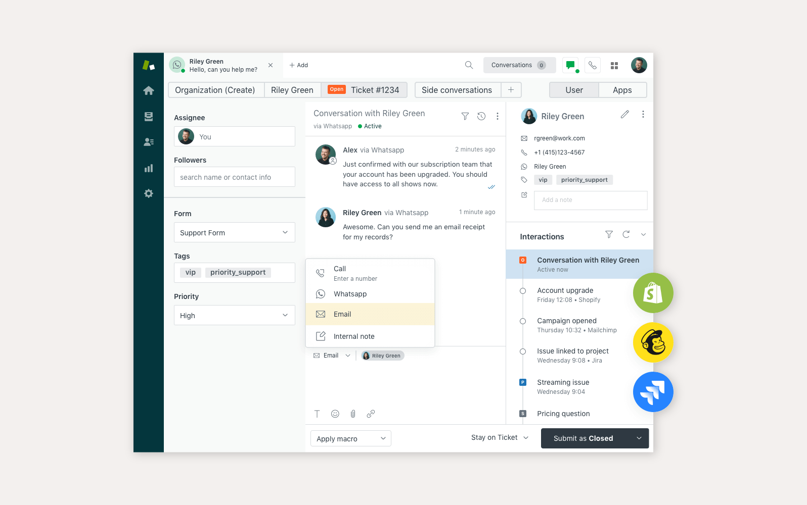 Zendesk callsenter-grensesnitt